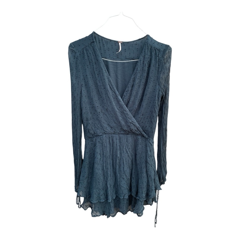 Free People Dahlia Deep Teal Clip Dot Peasant Drop Waist Mini Dress - Picture 2 of 7